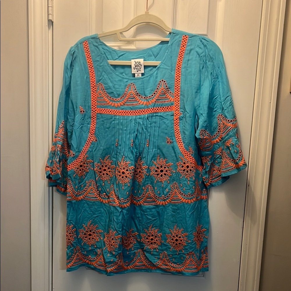 Ivy Jane Turquoise and Coral Embroidered Blouse